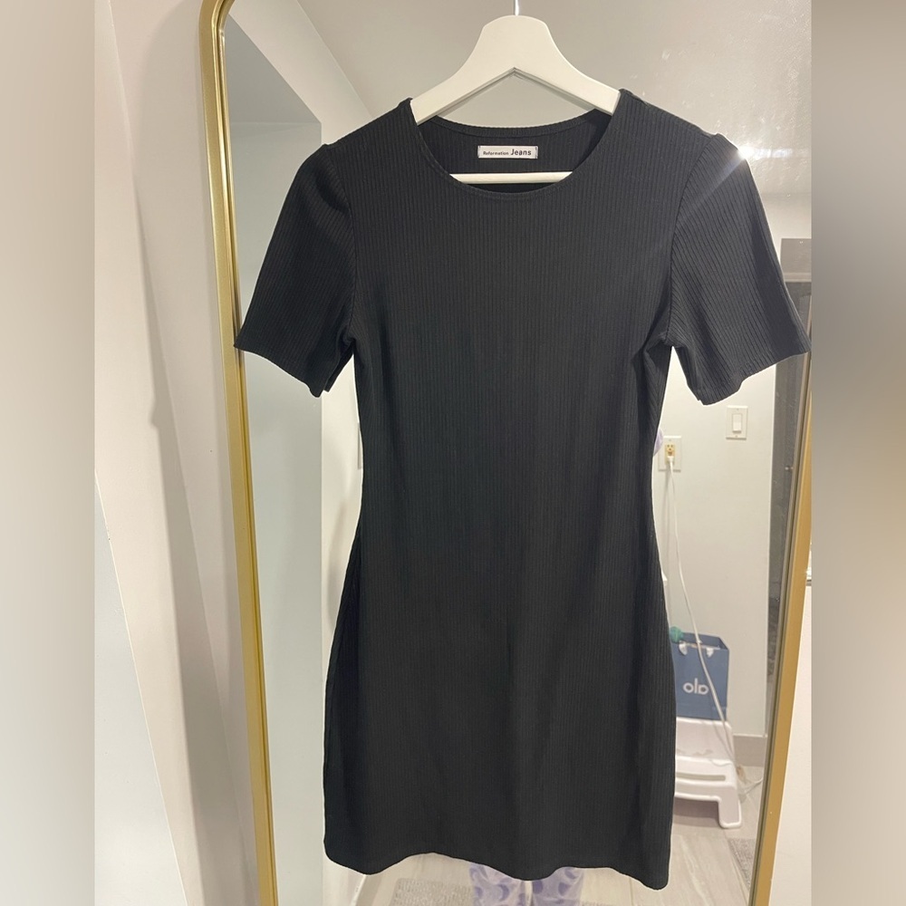 Reformation Black Ribbed Contour Bodycon Short Sleeve T Shirt Mini Dress small - Picture 2 of 4